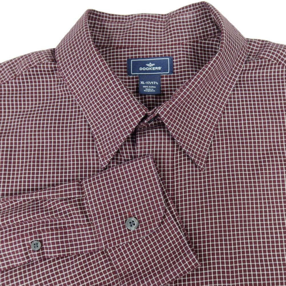 Dockers Long Sleeve Shirt Mens XL (17-17.5) Burgundy Plaid 100% Cotton Button Up
